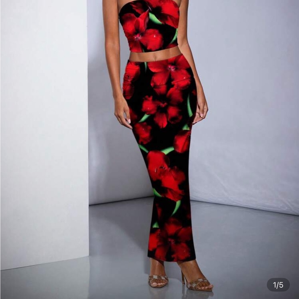 SHEIN Black and Red Maxi Pencil Skirt Set